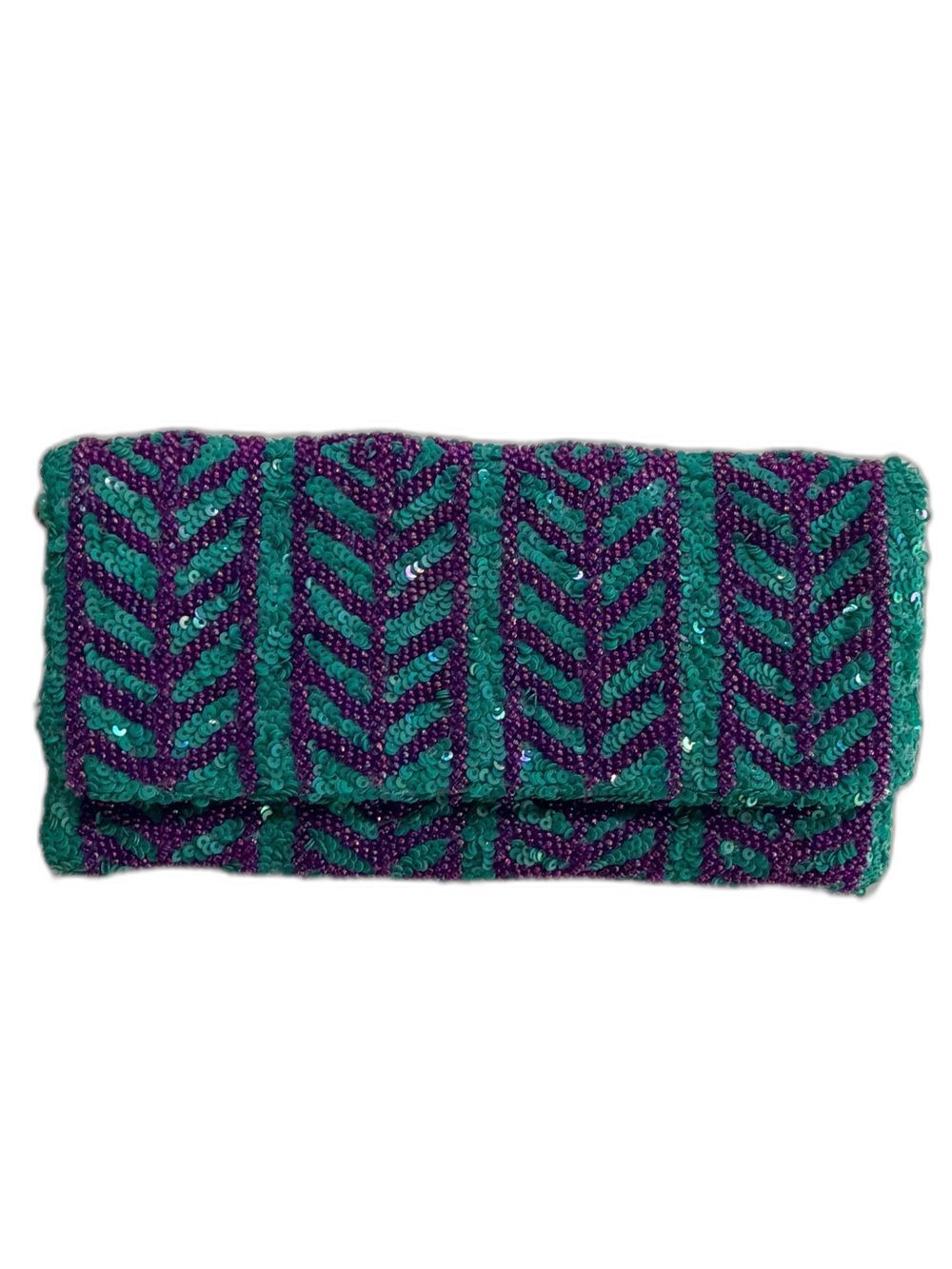 Anthropologie Hand Beaded Sequin Chevron Foldover Clutch Pouch Case Teal Purple